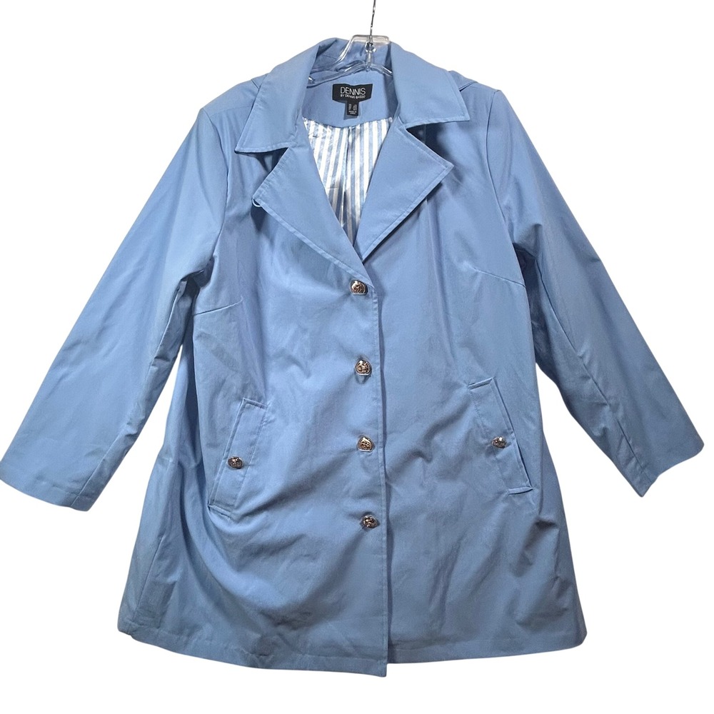 Dennis by‎ Dennis Basso Blue Striped Lined Button Front Trench Coat Large Petite